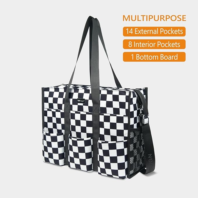 TOPDesign Utility Water Resistant Tote Bag with 22 Pockets, Top Zipper Closure & Thick Bottom Support, for Working Women