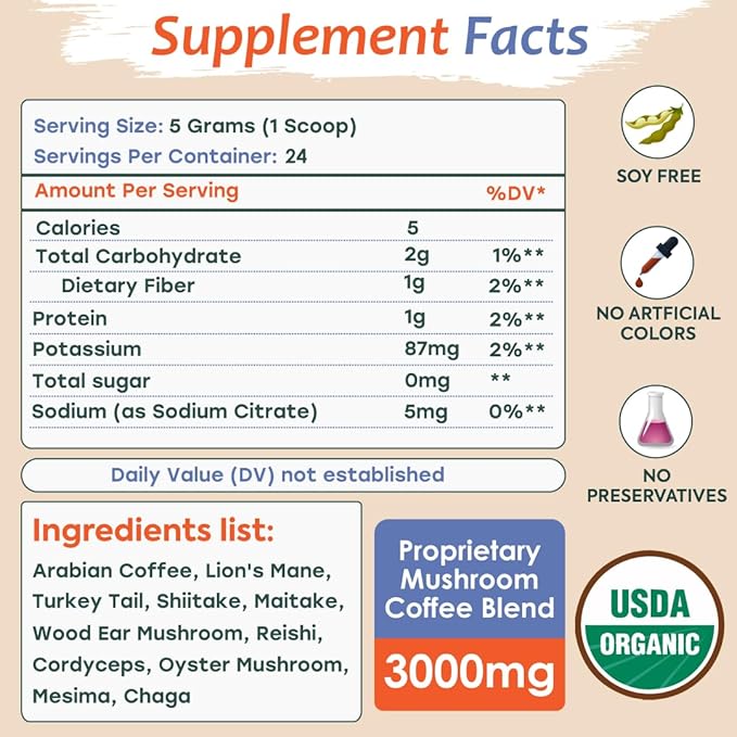 Ambica Instant Mushroom Coffee Ground, USDA Organic With Ten Mushroom Coffee with Lion’s Mane, Reishi, Cordyceps & Chaga for Immnue Support & Gut Health, Better Energy & Focus 24 Servings, 4.23 Oz