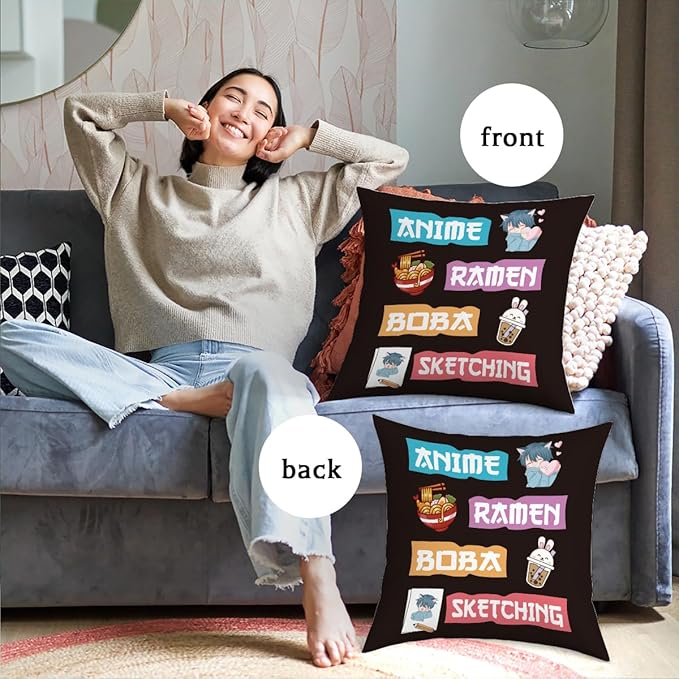 NGLIV Anime Decor, Just a Girl Who Loves Ramen Boba Sketching Room Decorative Throw Pillow Covers, Anime Lovers for Home Living Room Girl Women Bedroom Decoration Gifts