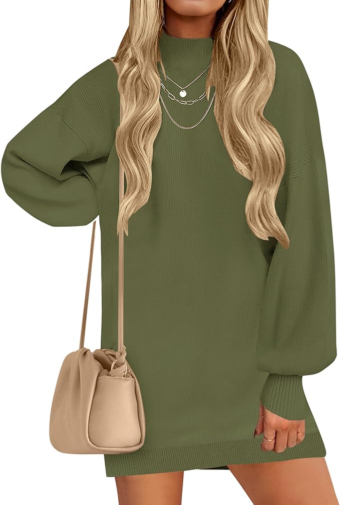 ZESICA Women's 2026 Fall Turtleneck Sweater Dress Oversized Long Lantern Sleeve Casual Knit Pullover Mini Dresses