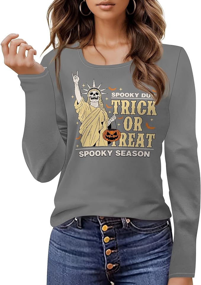 domirica Halloween Sweatshirts For Women Cute Pullover Fall Long Sleeve Pullover U-Neck Halloween Crazy Party Club Clothes