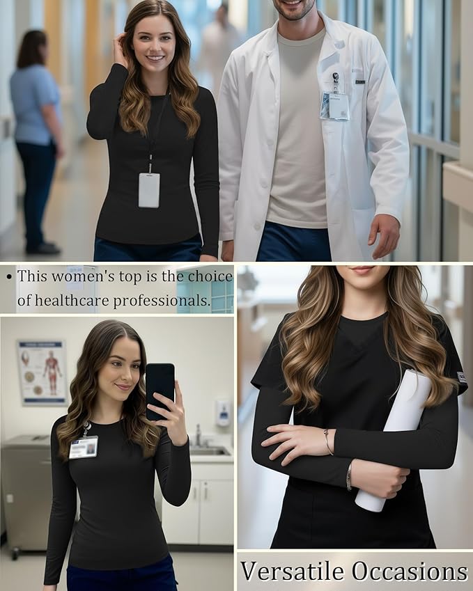 3 Pack Women's Underscrub Shirts Long Sleeve Thermal Scrub Undershirts Nurse Crew Neck Slim Fit Fleece Top Basic Tee