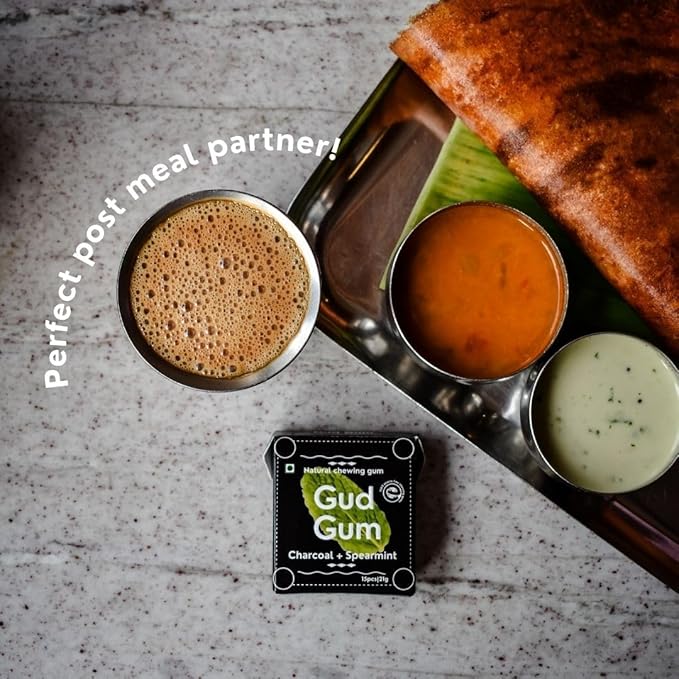 GUDGUM Natural & Sugar-Free Chewing Gum – Plastic-Free, Biodegradable, Vegan (Pack of 4, Charcoal Spearmint)