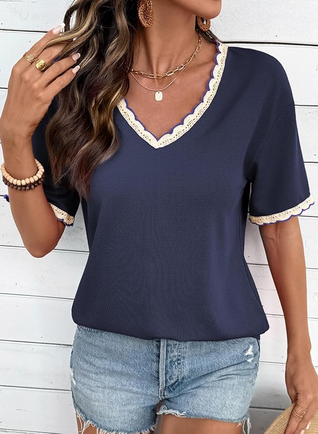 Dokotoo Womens Summer Tops Casual Short Sleeve Lace T-Shirts Solid V Neck Waffle Knit Shirts Blouses