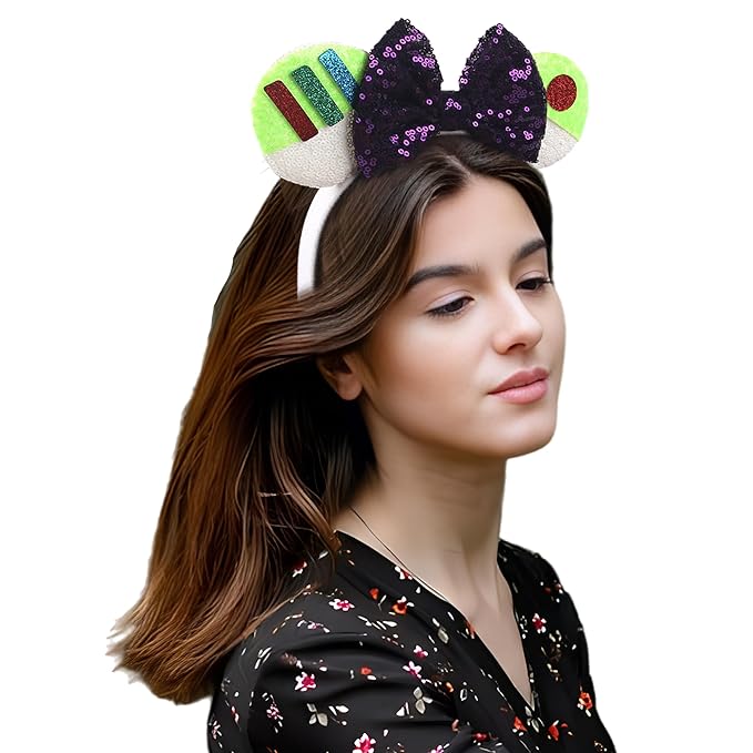 zhezesmila Toy Story Ears Mouse Ears Mic Headbands, Mouse Ears Sequin Bow Headbands for Women, Cosplay Costume Party Decorations (Green)