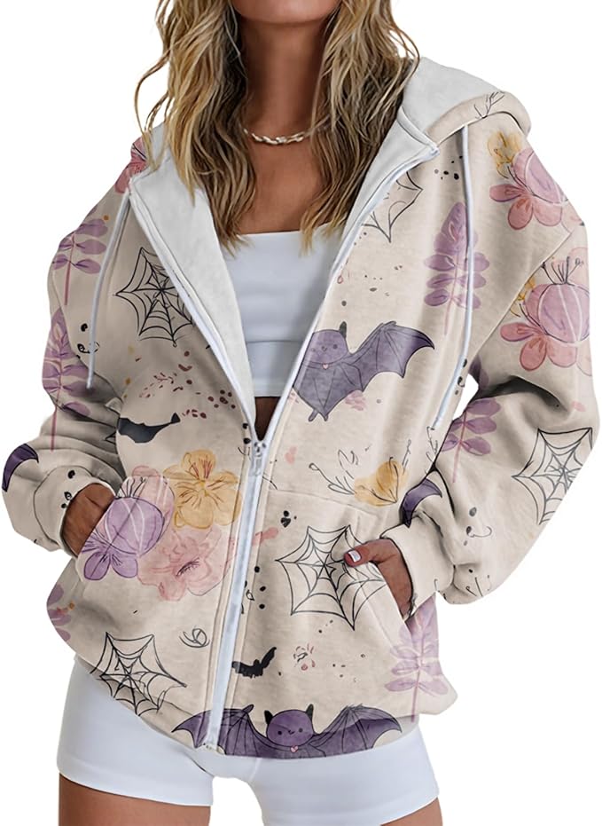 domirica Halloween Hoodie Lightweight Zip Hoodies For Women Fall Casual Vintage Sweatshirt Casual Wear Fashion Outfits