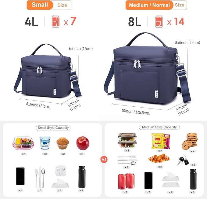 NOL Natural Organic Lifestyle Small Insulated Lunch Bags for Women Cooler Bag Lightweight Nylon Waterproof Lunch Box For Work (Small, Navy blue)