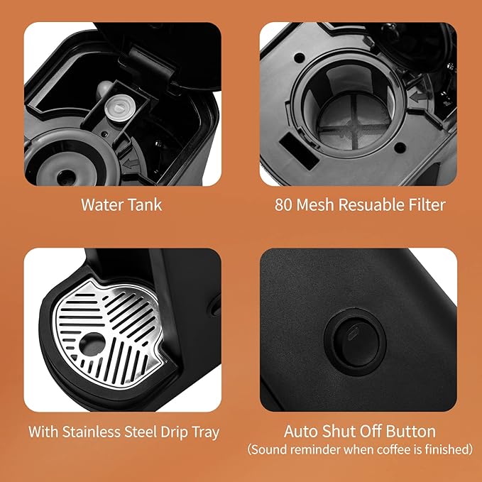 Aiosa 2 in 1 Single Serve Kcup Coffee Maker (6-14Oz), 800W Fast Brew, Compact Design with Reusable Filter, One-Button Auto Shut-Off, Travel Mug Fit, Compatible with K-Cup/Ground Coffee/Tea, Black
