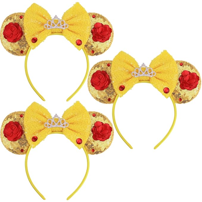 LIHELEI Mouse Ears Headband with Beauty Red Rose, Princess Belle Ears for Women Halloween Costume, Princess Party Headwear Hair Accessories for Women -3pcs Red Rose