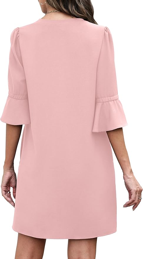 RUMIA Shift Dress for Women V Neck Ruffle Short Sleeve Loose Casual Summer Dress