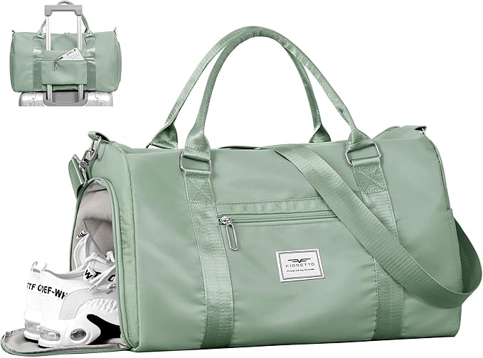FIORETTO Womens Gym Tote Duffle Bag with Wet Pocket & Shoe Compartment, Sports Duffel Overnight Weekender Hospital Workout Carry on Bag for Girls, Ideal for Travel, Swimming, Dance, Ballet Celadon