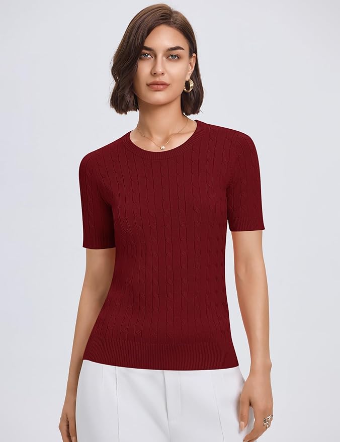 Micoson Womens Short Sleeve Cable Knit Sweater Tops Crewneck Lightweight Spring Summer Shirts Business Dressy Casual Outfits