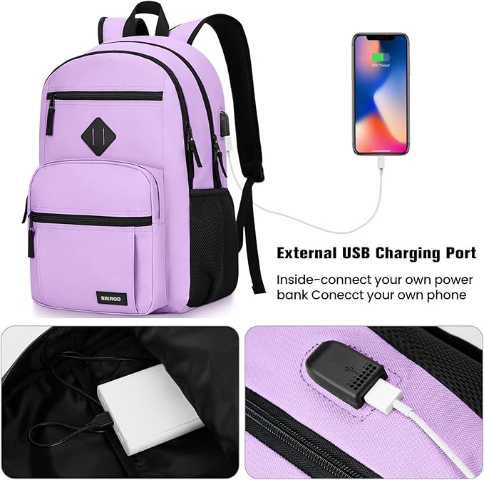 BIKROD Backpack for Girls Women, School Backpack for Teen Boys, Lightweight Casual High School Bookbag, Daily-use Travel Laptop Backpack with USB Charging Port Fits 15.6 Inch Notebook