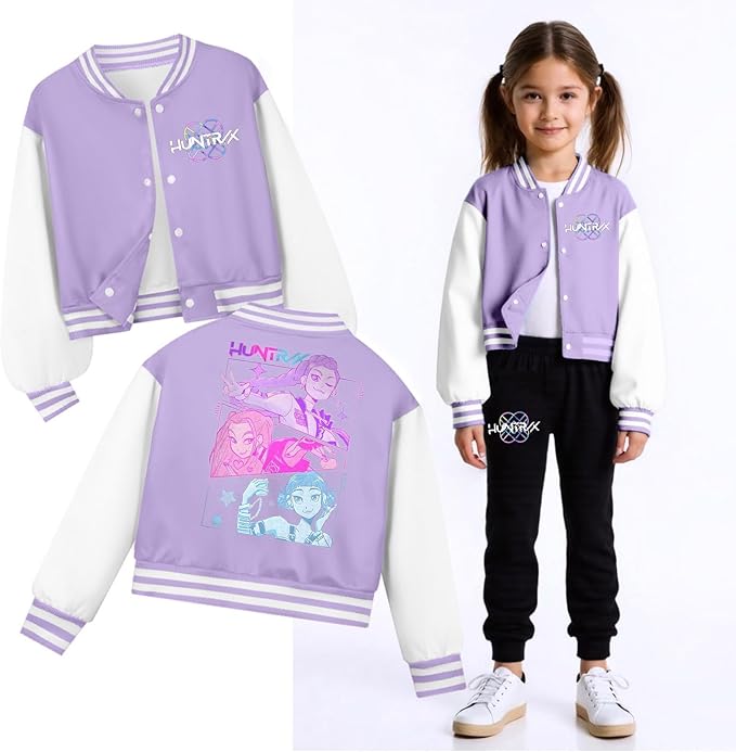 K PopGirls Kpop Tracksuit Cute Cartoon Print Baseball Coats Fashion Long Sleeve Jackets and Pants Christmas Costume Set