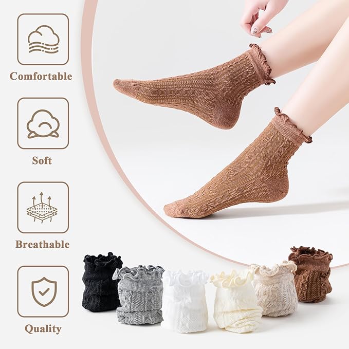 Mcool Mary Womens Crew Socks Ruffle Casual Cotton Frilly Breathable Cute Knit Lettuce Trim Dress Ankle Socks 6 Pack