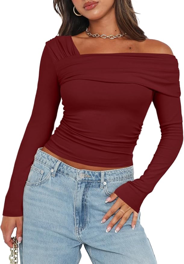Darong Women's Off Shoulder Tops Y2K Shirt Slim Fit Ruched Crop Top Long Sleeves Spring Fall Blouse Going Out Shirt