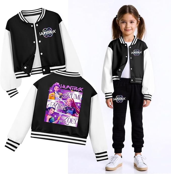 K PopGirls Kpop Tracksuit Cute Cartoon Print Baseball Coats Fashion Long Sleeve Jackets and Pants Christmas Costume Set