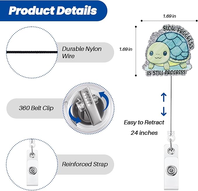 Slow Progress is Still Progress Funny Badge Reel, Cute Turtle Retractable ID Card Badge Holder, Name Tag Work Badge Clip for ICU RN LPN CNA MA Nursing Student Doctor Teacher Librarian, Nurse Gifts