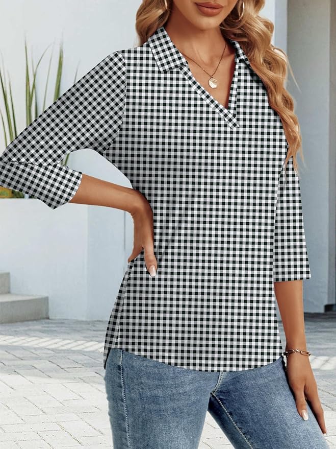 3/4 Length Sleeve Womens Tops Dressy Casual V Neck Polo Shirts Business Work Blouses 2025 Trendy Tunic Top