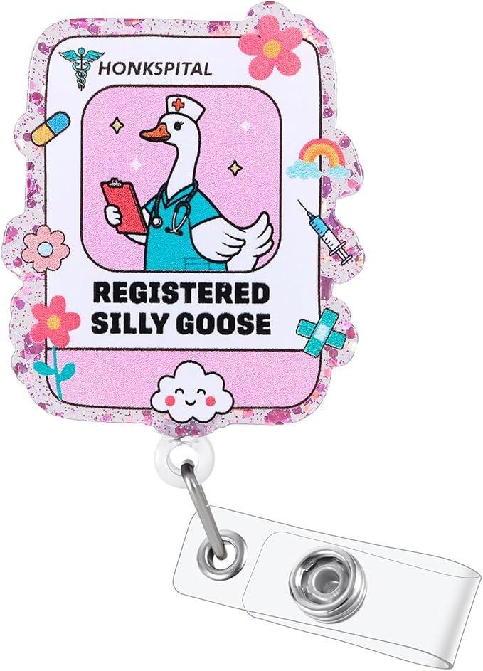 Registered Silly Goose Funny Nurse Badge Reel, Cute Pink Retractable ID Card Badge Holder, Name Tag Medical Work Badge Clip for NICU RN ER LPN EN OB/GYN L&D CNA Night Shift Nurse Doctor, Doctor Gifts