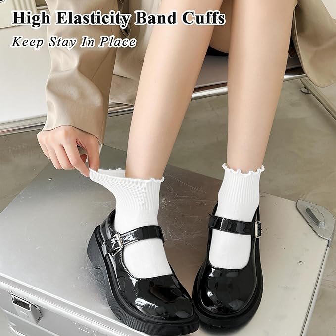 BIVOLU Womens Ankle Socks Ruffle Cotton Cute Frilly Trim Breathable Ankle Ruffled Socks 6 Pack