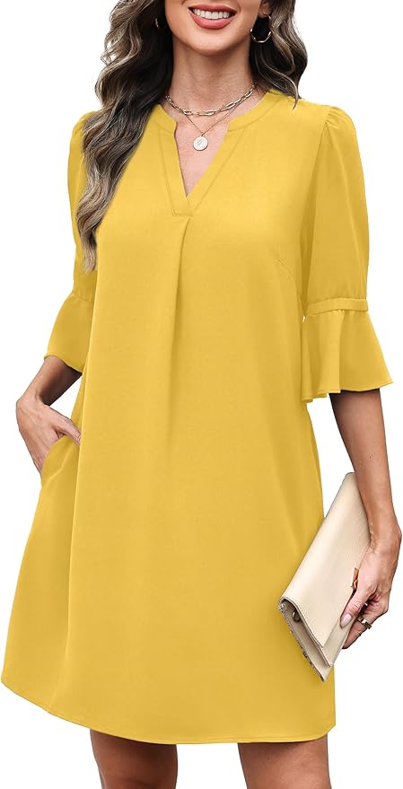 RUMIA Shift Dress for Women V Neck Ruffle Short Sleeve Loose Casual Summer Dress