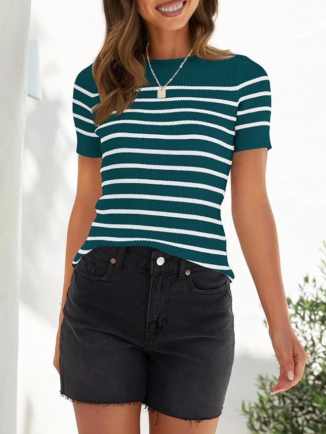 ZESICA Women's Short Sleeve Crewneck Striped T Shirt 2026 Summer Ribbed Knit Slim Fit Casual Basic Tee Tops