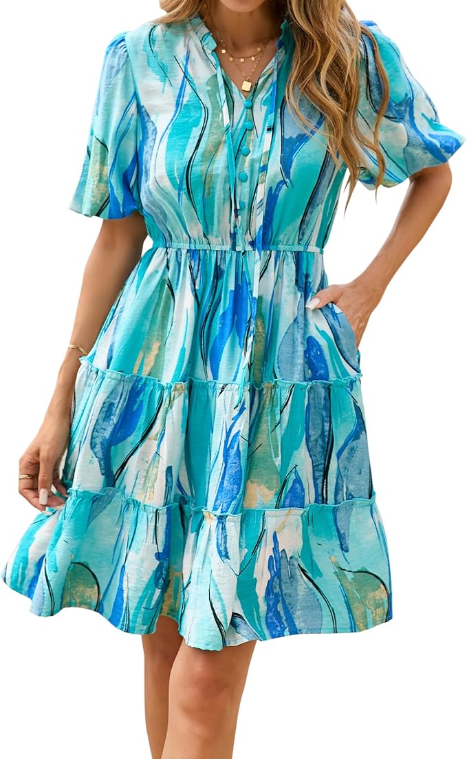 BTFBM Women Summer Floral Short Dresses V Neck Short Sleeve Tiered Ruffle Boho Swing Dress A-Line Mini Dresses