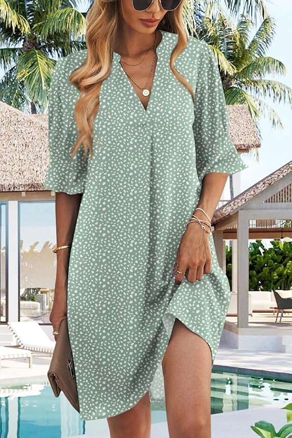 QACOHU Summer Dresses for Women V Neck Ruffle Short Sleeve Casual Shift Dress