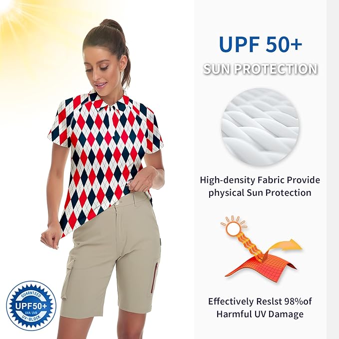 Women's Golf Shirt Short Sleeve Tennis Shirt Quarter Zip Golf Pullover Golf Polo Shirts Argyle Tops
