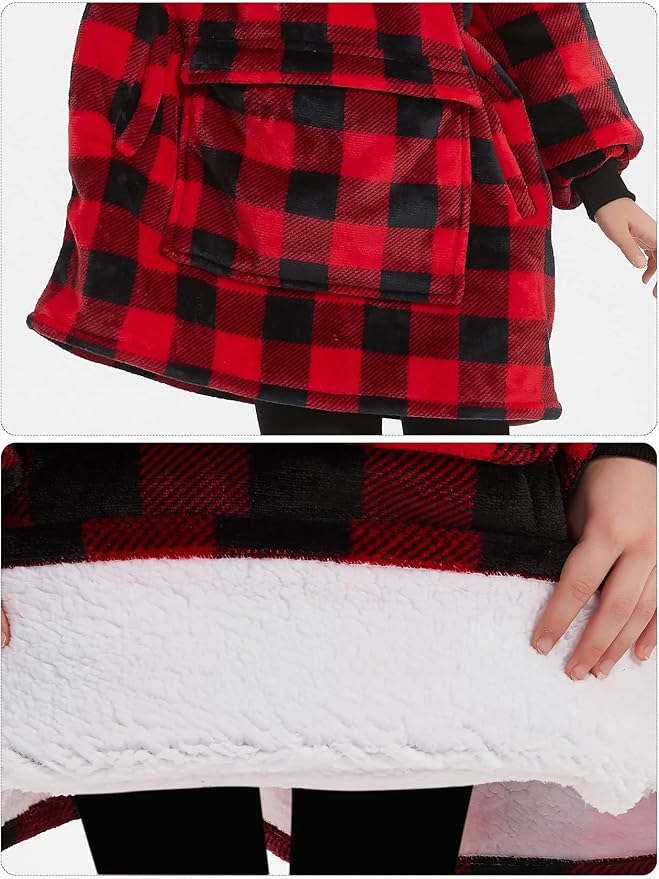 KFUBUO Wearable Blanket Hoodie for Kids Sherpa Patterns Oversized Sweatshirt Blanket With Pocket 6-10 Year Old Girl Boy Red Plaid