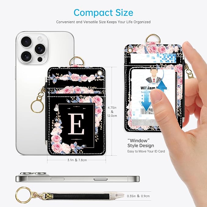 A-Z Letter 2-in-1 ID Badge Holder & Lanyard Wallet for Teachers,Nurse,Professionals-Cute Zippered Coin Pouch,Removable Wristlet & Neck Lanyard,5 Card Slots Stylish Work Essential E