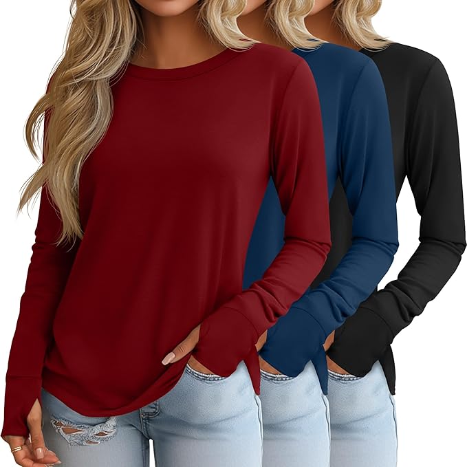 Huukeay 3 Pack Women's Long Sleeve Shirts with Thumb Holes, Cotton Casual Crew Neck Tunic Tops Fall Loose Y2k Trendy Outfits