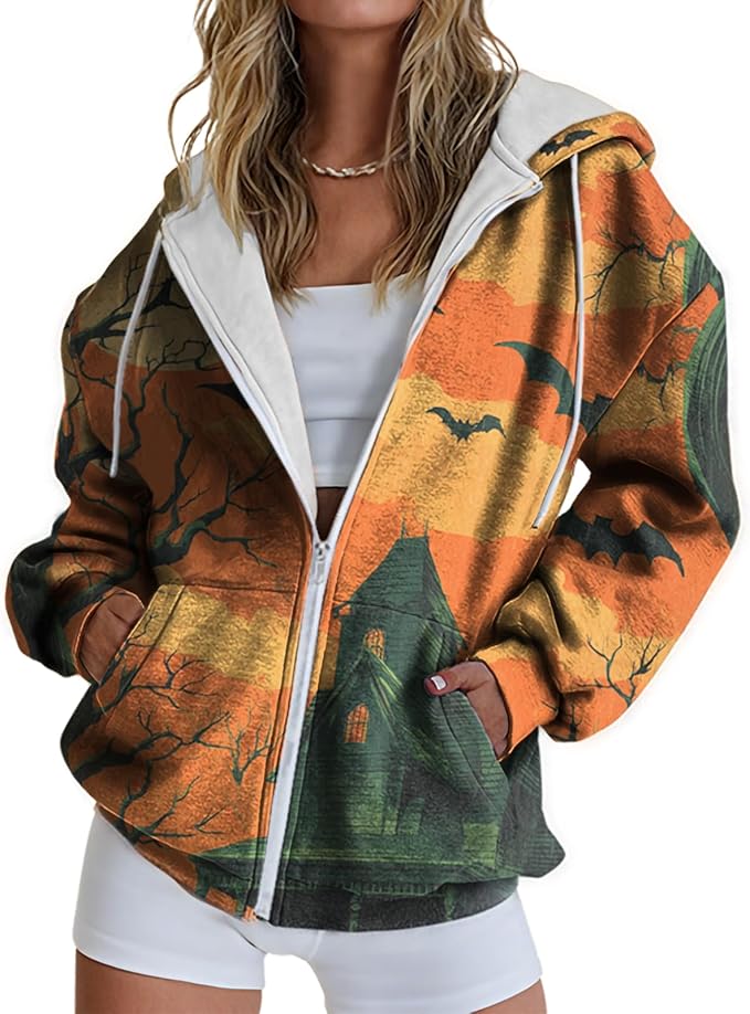 domirica Halloween Hoodie Lightweight Zip Hoodies For Women Fall Casual Vintage Sweatshirt Casual Wear Fashion Outfits