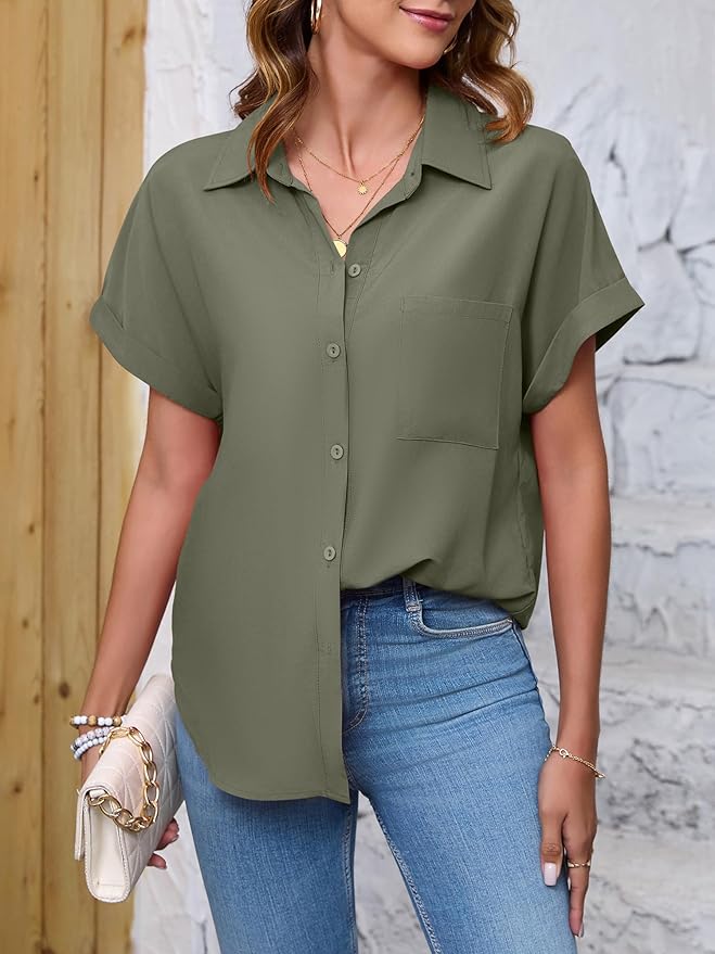 Womens Button Down Shirt Casual Short Sleeve Collared Work Blouse with Pocket