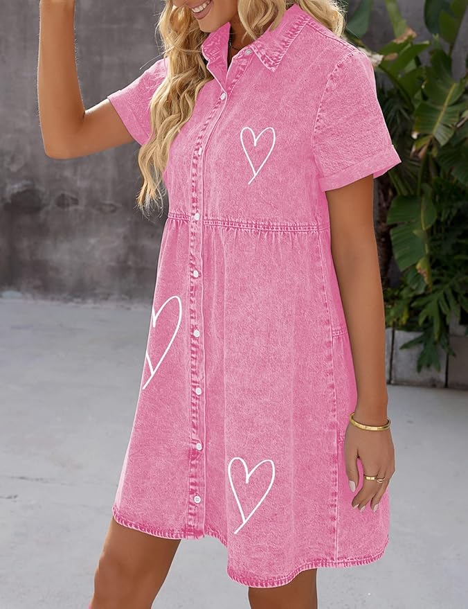 LookbookStore Women's Short Sleeve Button Down Flowy Tiered Babydoll Denim Dress