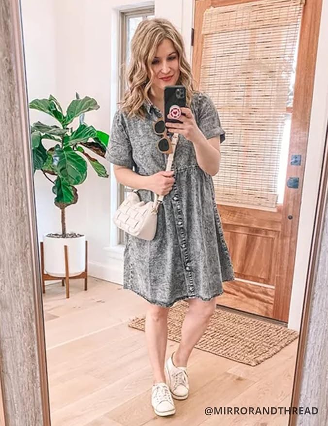 LookbookStore Women's Short Sleeve Button Down Flowy Tiered Babydoll Denim Dress