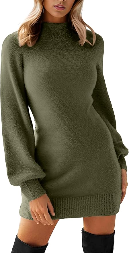 GRECERELLE 2026 Women's Mock Neck Ribbed Long Sleeve Bodycon Pullover Cute Mini Sweater Dress (XS-2XL)