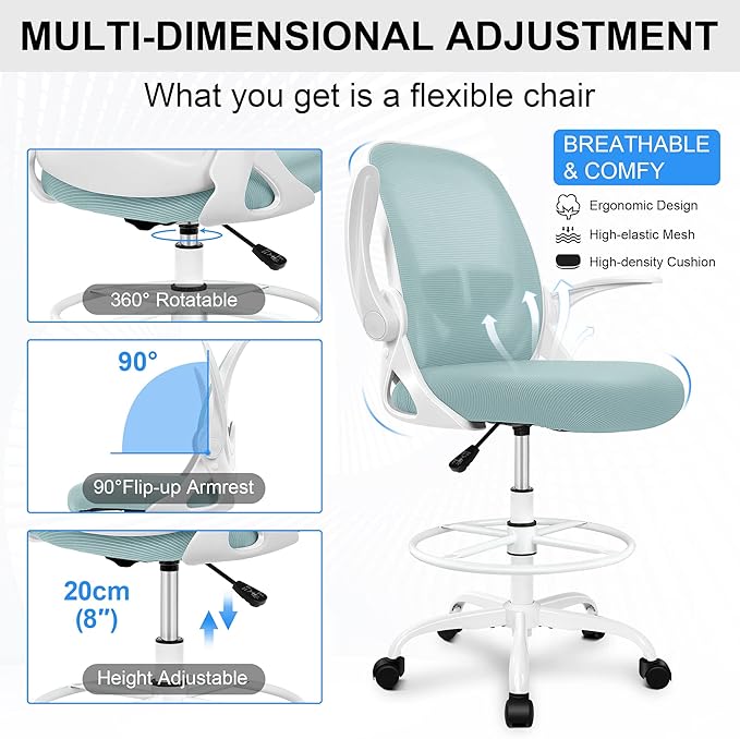 Primy Drafting Chair Tall Office Chair with Flip-up Armrests Executive Ergonomic Computer Standing Desk Chair with Lumbar Support and Adjustable Footrest Ring（Light Blue）