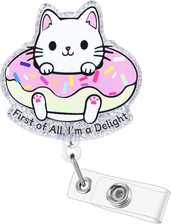 First of All, I'm a Delight Funny Badge Reel, Cute Cat Retractable ID Card Badge Holder, Name Tag Work Badge Clip for RN LPN CNA MA ER Night Shift Nurse Nursing Student Doctor Teacher, Nurse Gifts