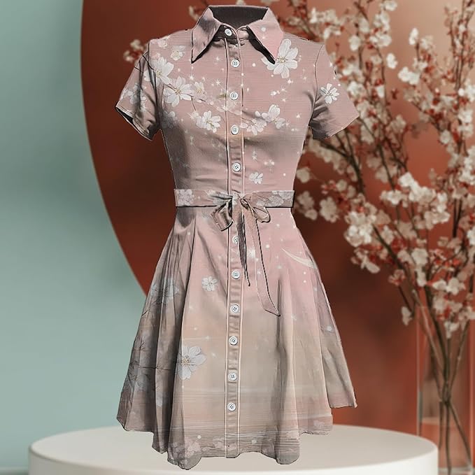 MARSVOVO Cute T Shirt Dress for Women Short Sleeve Button Up Tie Waist Elegant Casual Collared Smocked Midi Dress