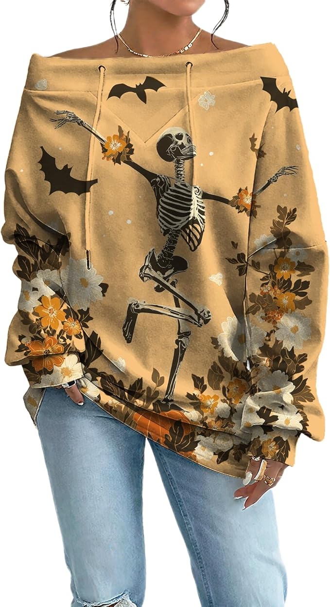 Womens Sweatshirts Floral Print Sexy Off The Shoulder T Shirts Oversized Long Sleeve Pullover Fall Tops