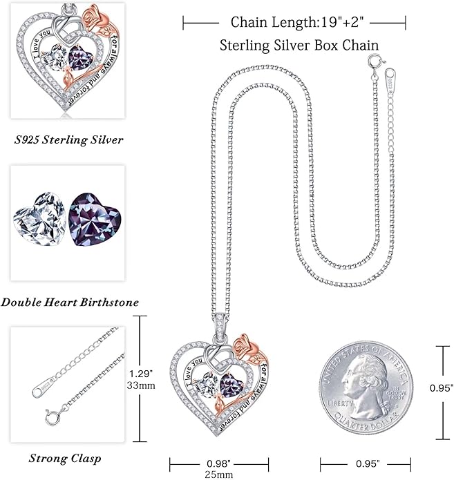 Iefil Valentines Day Gifts for Her - 925 Sterling Silver Double Birthstone Necklace, Anniversary Birthday Gifts for Women, Jewelry Gift for Wife Girlfriend Mom Her