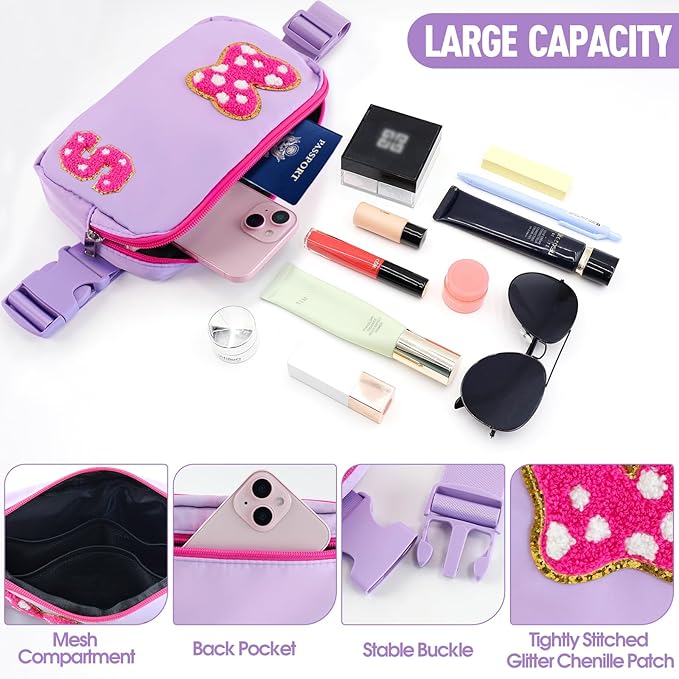 Chenille Initial Letter Bow Mouse Fanny Pack, Waterproof Park Crossbody Bag Christmas Birthday Gifts for Teen Girls Daughter Women Kids Adults, Cute Belt Bag Must Haves for Park Travel (S, Purple)