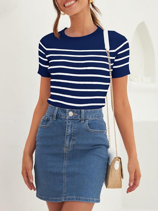 ZESICA Women's Short Sleeve Crewneck Striped T Shirt 2026 Summer Ribbed Knit Slim Fit Casual Basic Tee Tops