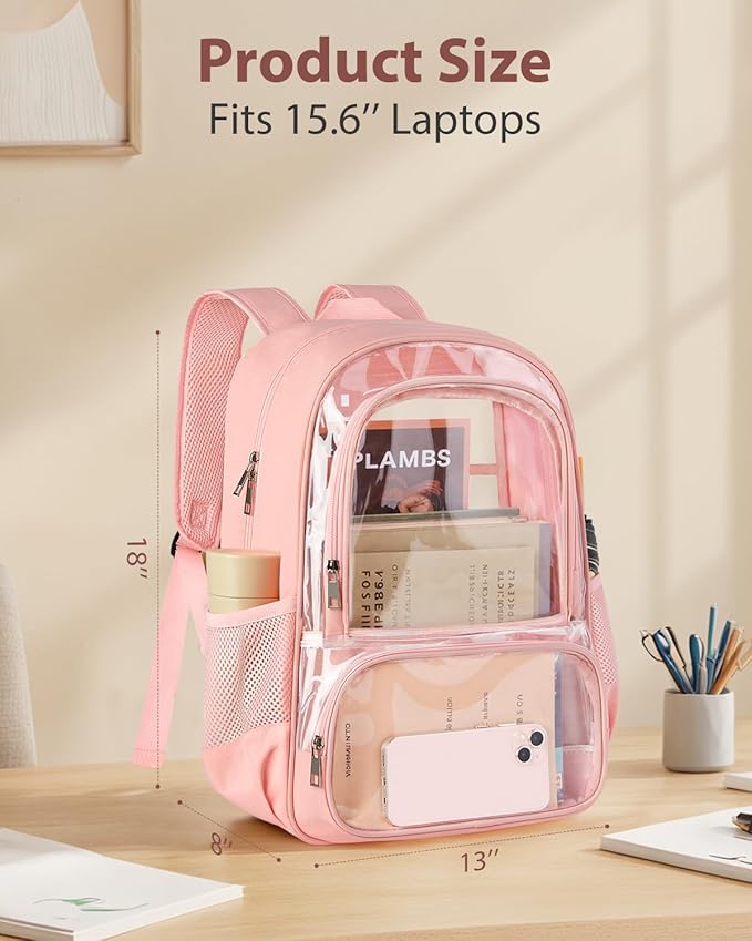 KIMNERPU Clear Backpack, Heavy Duty Transparent Bookbag for School, Fabric & PVC Transparent Backpack with Reinforced Strap for Women Men, Capacity Clear Bag for College, Travel, X-Large Pink