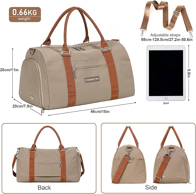 FIORETTO Womens Gym Tote Duffle Weekender Bag with Wet Pocket & Shoe Compartment, Ideal for Travel, Swimming, Dance, Khaki