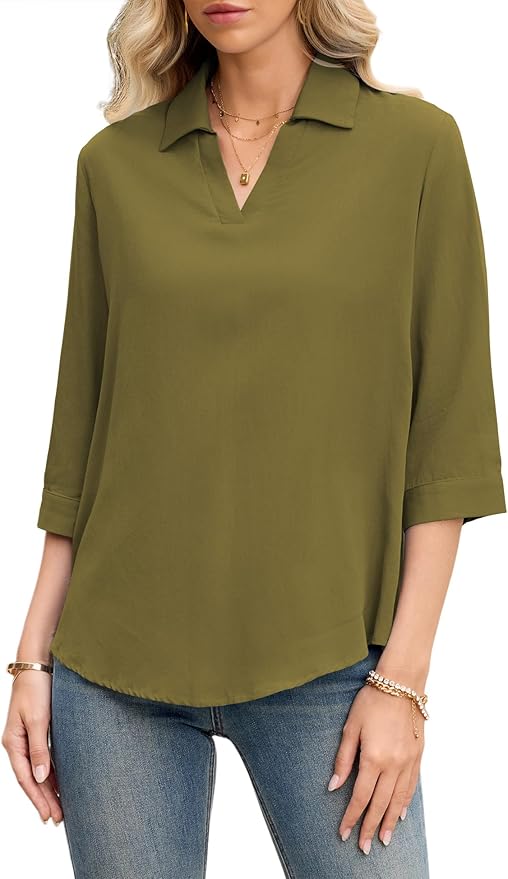LOMON Womens 3/4 Sleeve Tops V Neck Cotton Linen Work Blouse Polo Shirts for Women Business Casual 2026