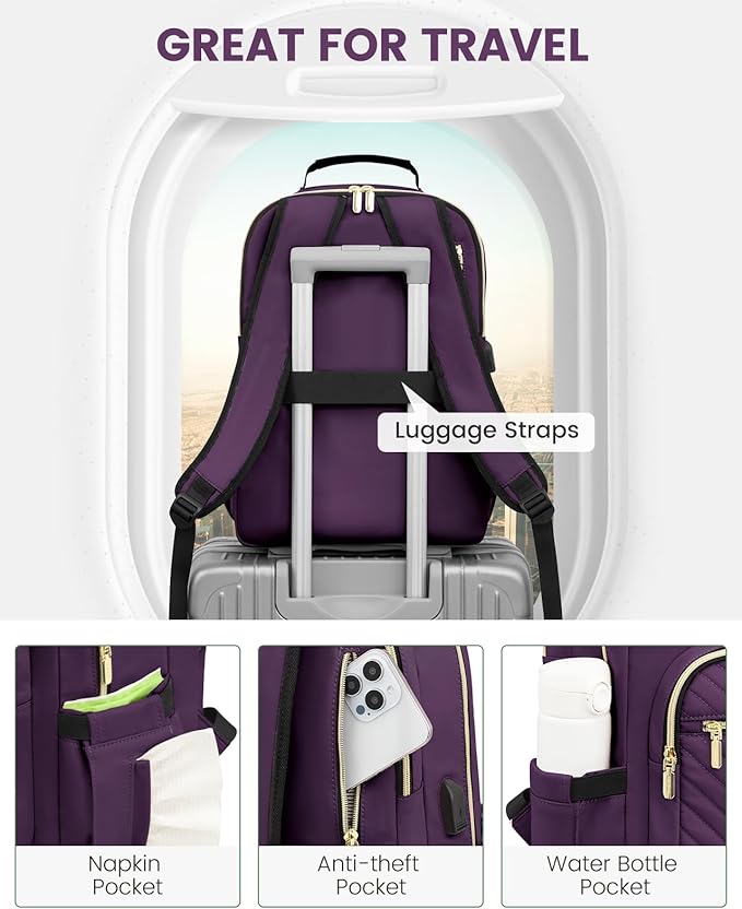 LOVEVOOK Laptop Backpack for Women, Travel Computer Work Bags with 17-inch Laptop Compartment, College School Student Bag Teen Backpacks For Girls, Outdoor Carry On Backpack Purse, Deep Plum