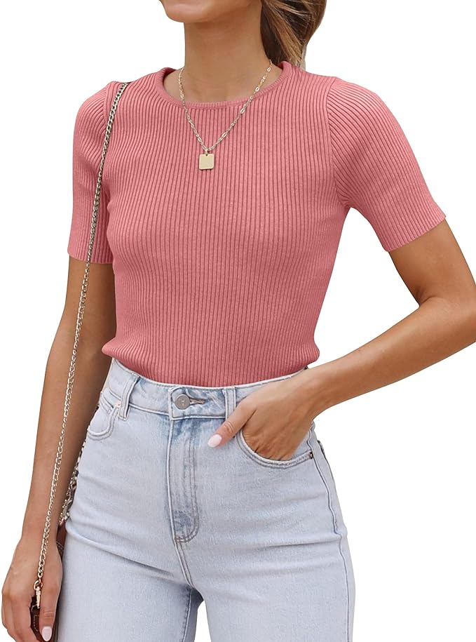 ZESICA Women's Short Sleeve Sweater Tops 2026 Summer Crewneck T Shirt Ribbed Knit Slim Fit Basic Solid Color Tee
